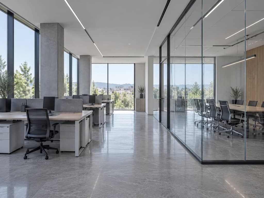 Plateau de bureaux ouvert avec cloisons vitrées et postes de travail rangés