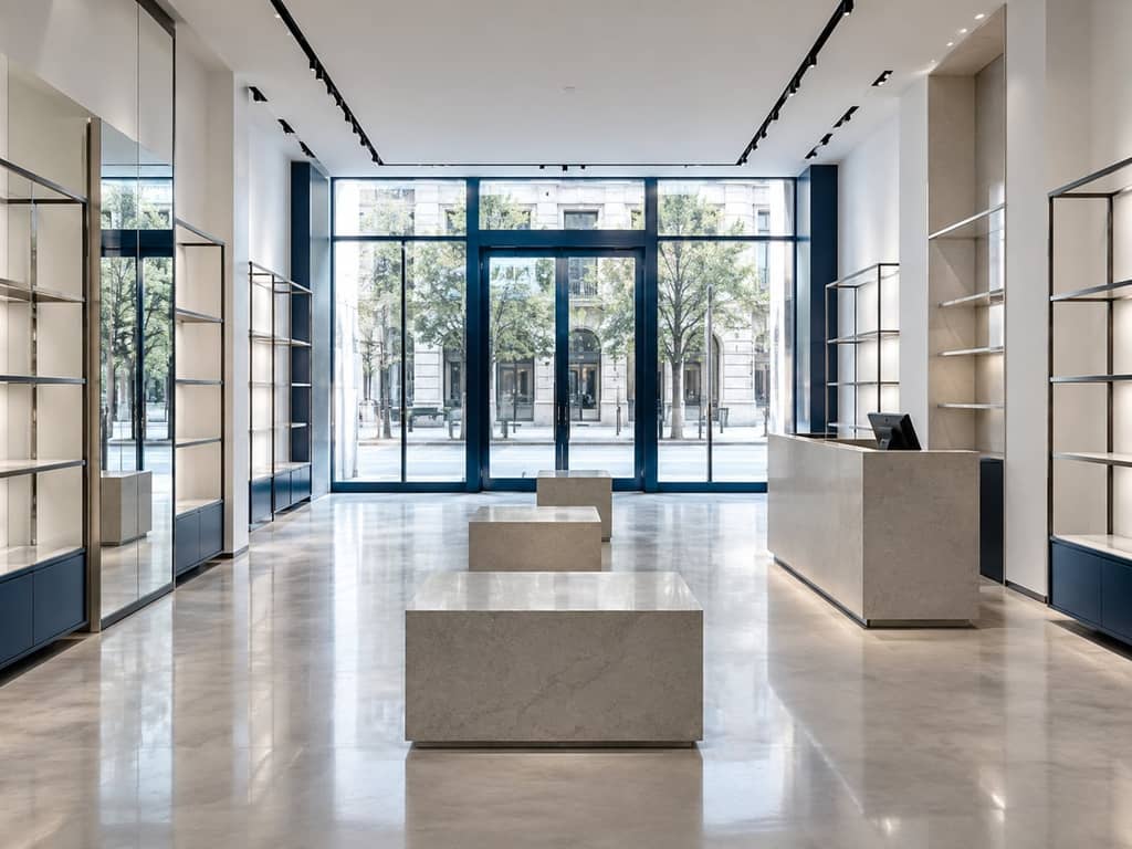 Espace de vente contemporain vide, sol net et vitrine lumineuse