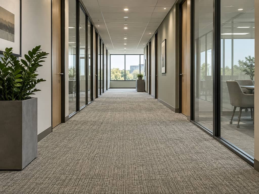 Couloir professionnel en moquette après injection-extraction, fibres relevées