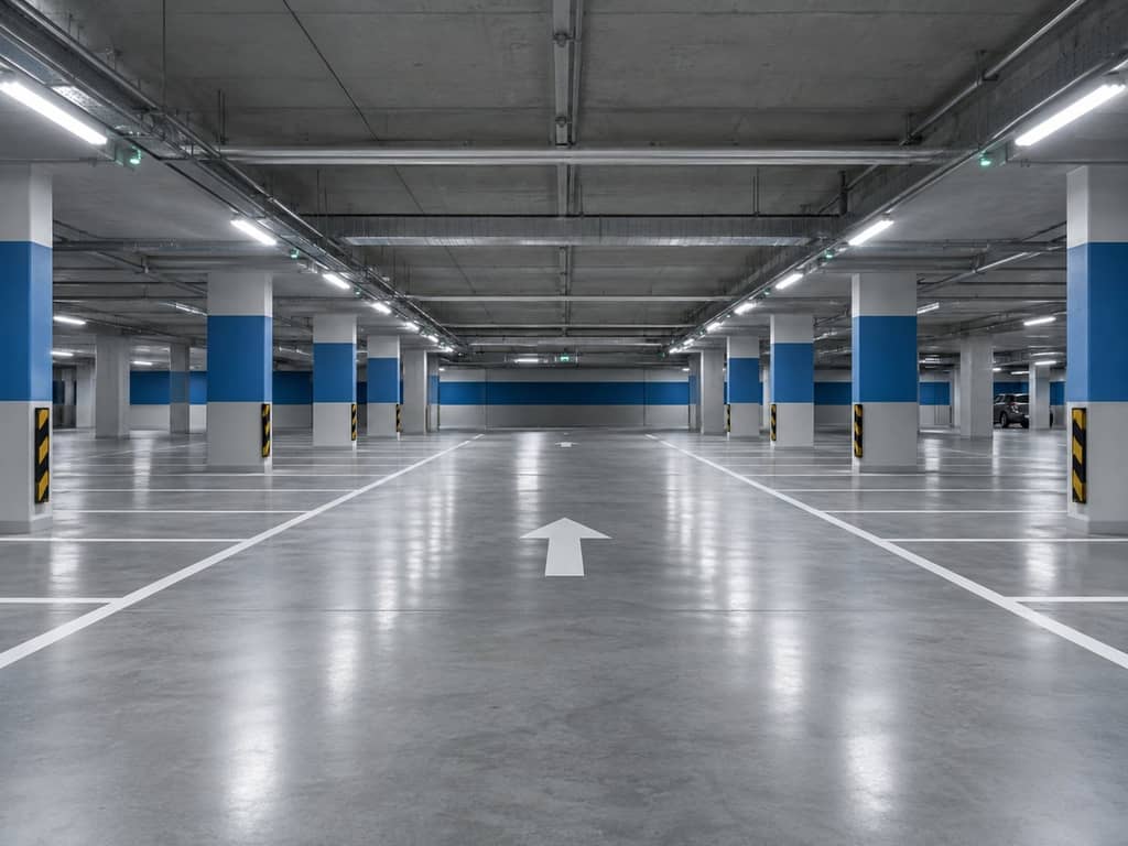 Parking souterrain propre, marquage net et éclairage maîtrisé