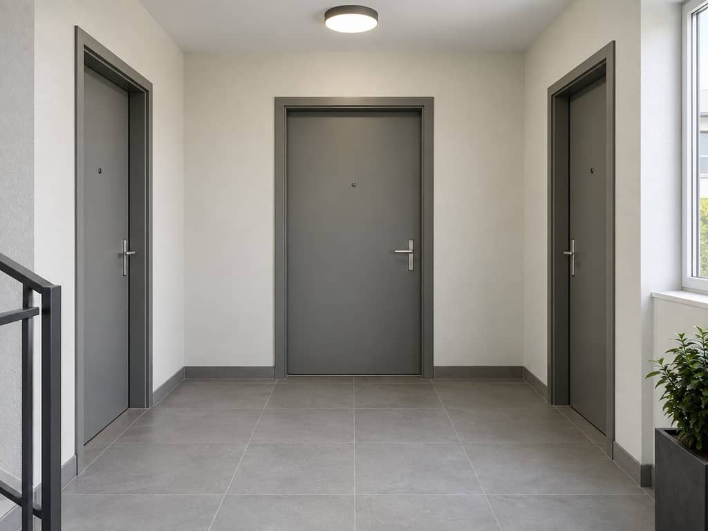Palier d'immeuble avec portes palières, sol net et éclairage doux