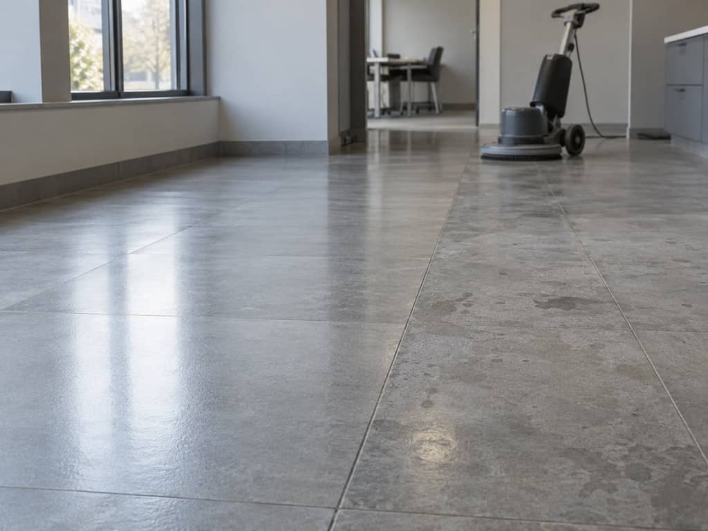 Local en cours de remise en propreté, surfaces contrastées et matériel professionnel