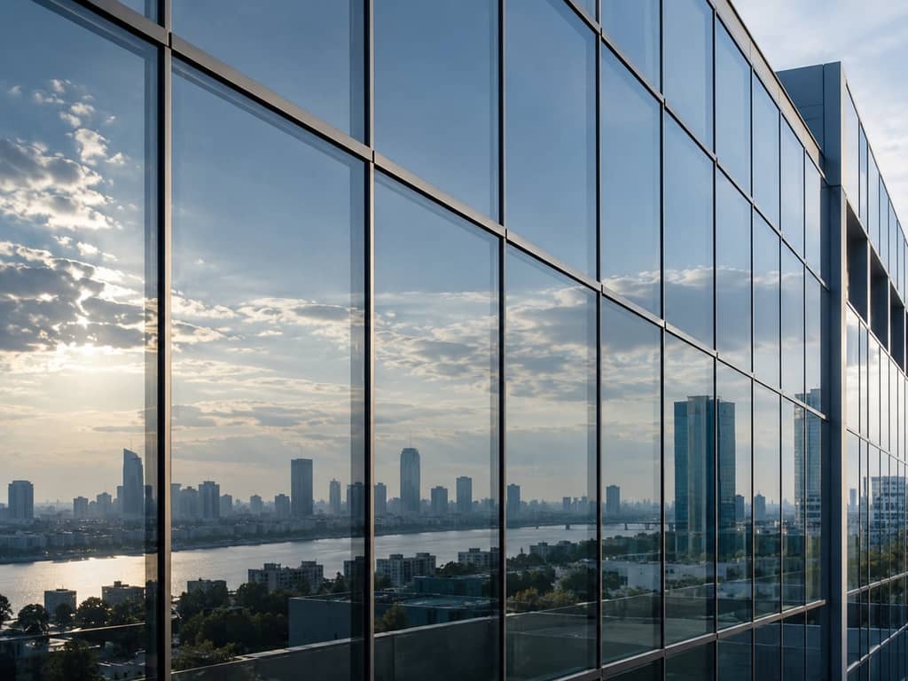Grande surface vitrée au reflet maîtrisé, montants nets, vue urbaine en arrière-plan