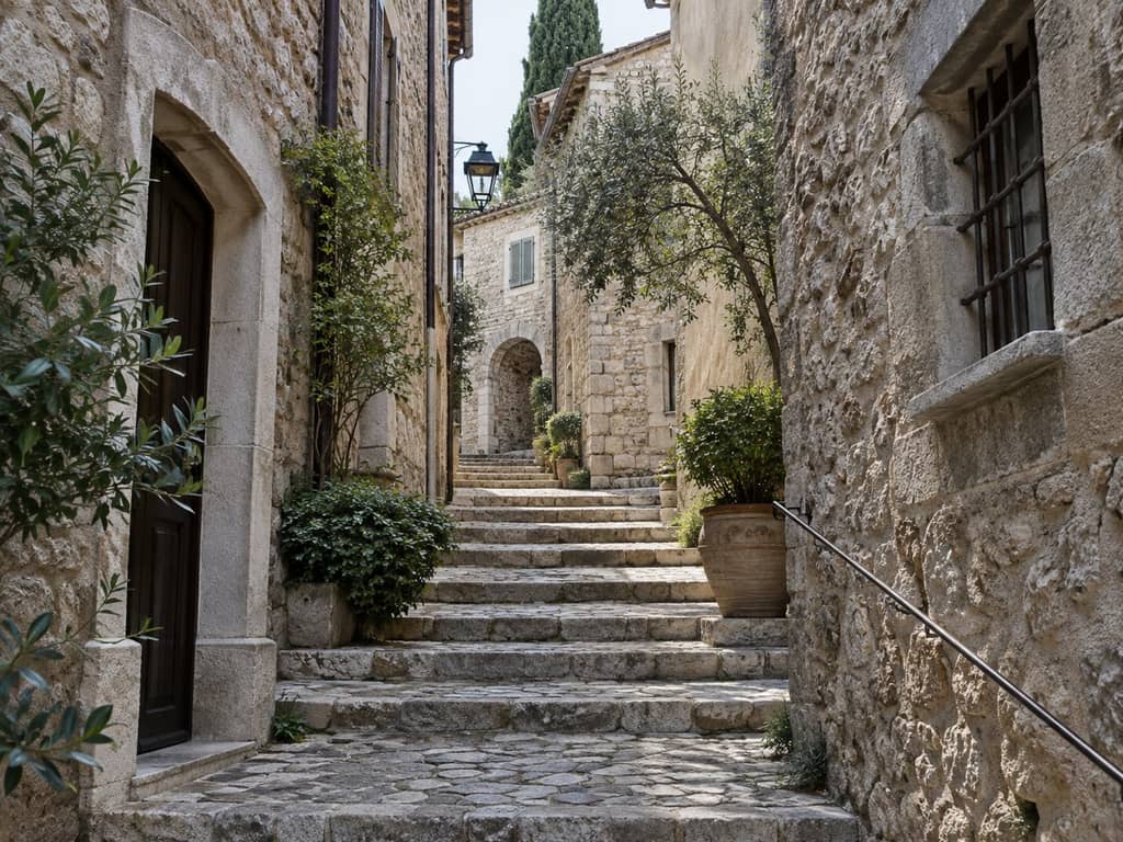 Rue étroite du Haut-de-Cagnes ou résidence du front de mer, lumière naturelle
