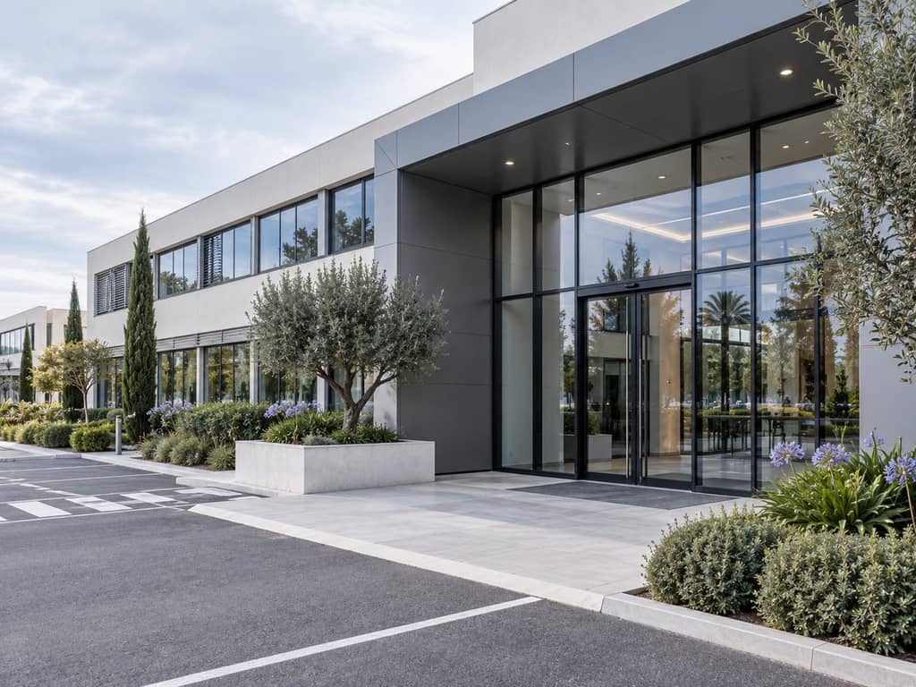 Bâtiment professionnel récent à Saint-Laurent-du-Var, façade et accès sobres